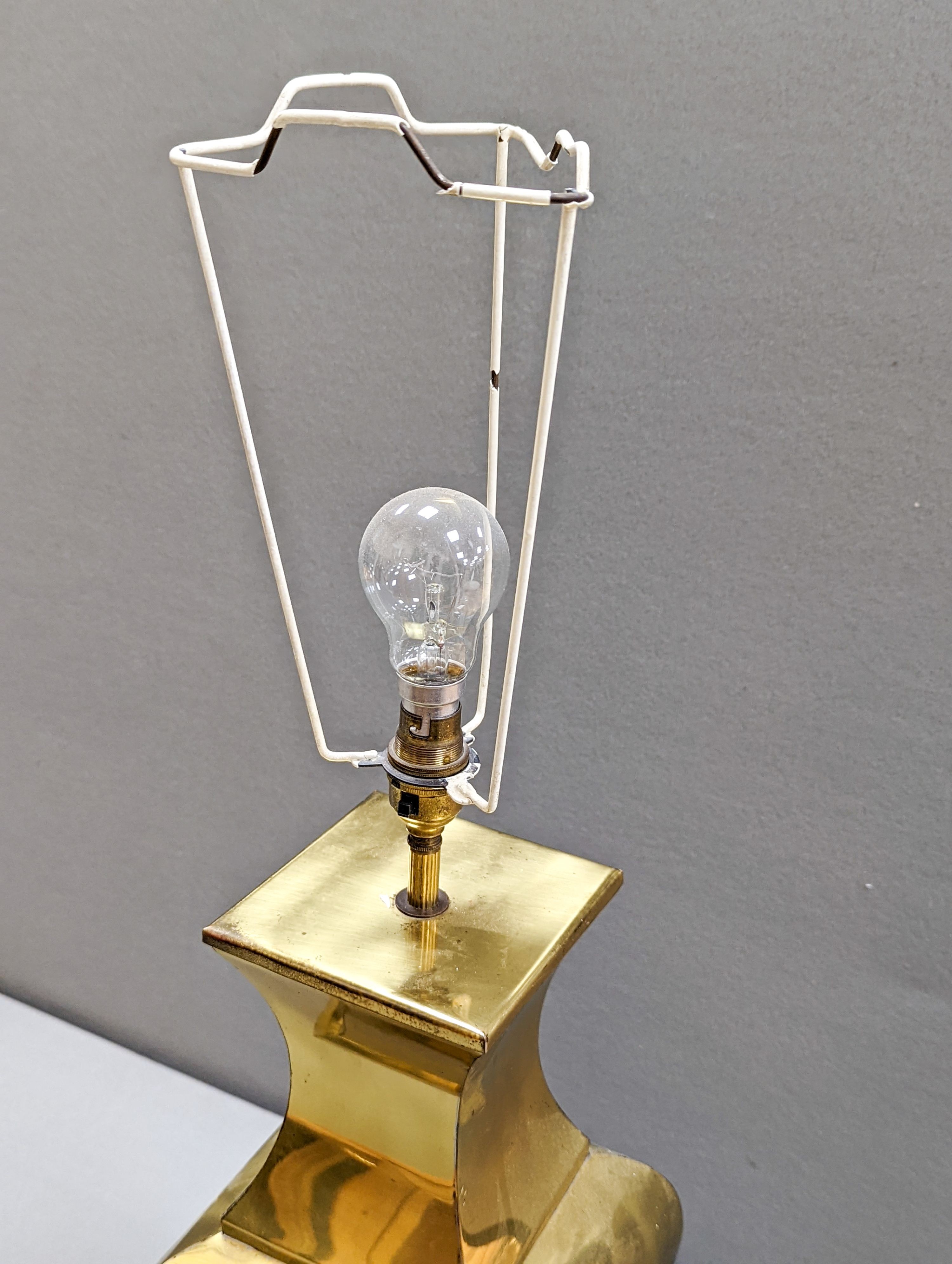 A Chinese brass lamp base with shade. Total height 92cm